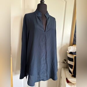 Neiman Marcus Navy Silk Blend Blouse Mandarin Collar Long Sleeve Tunic Top 12